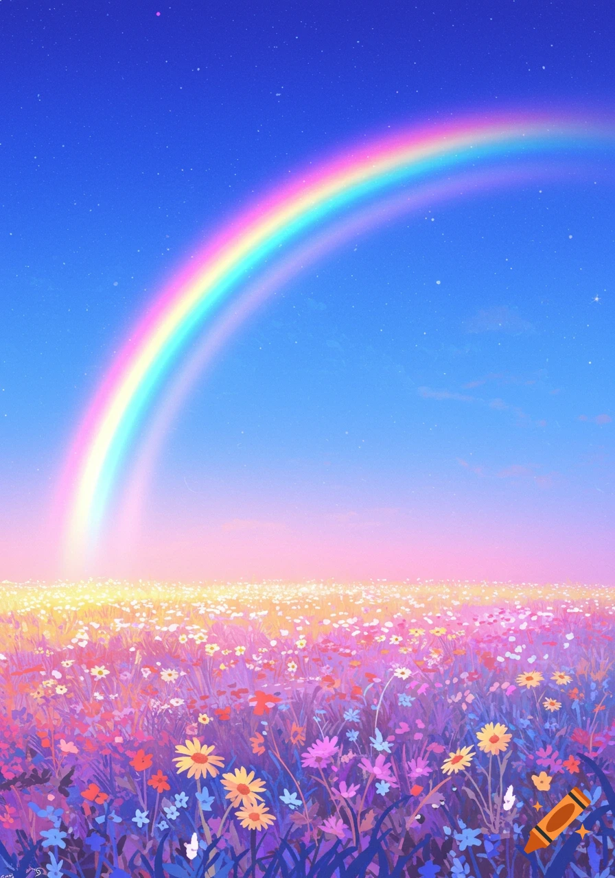 Vibrant rainbow over a field of colorful flowers under a starry sky