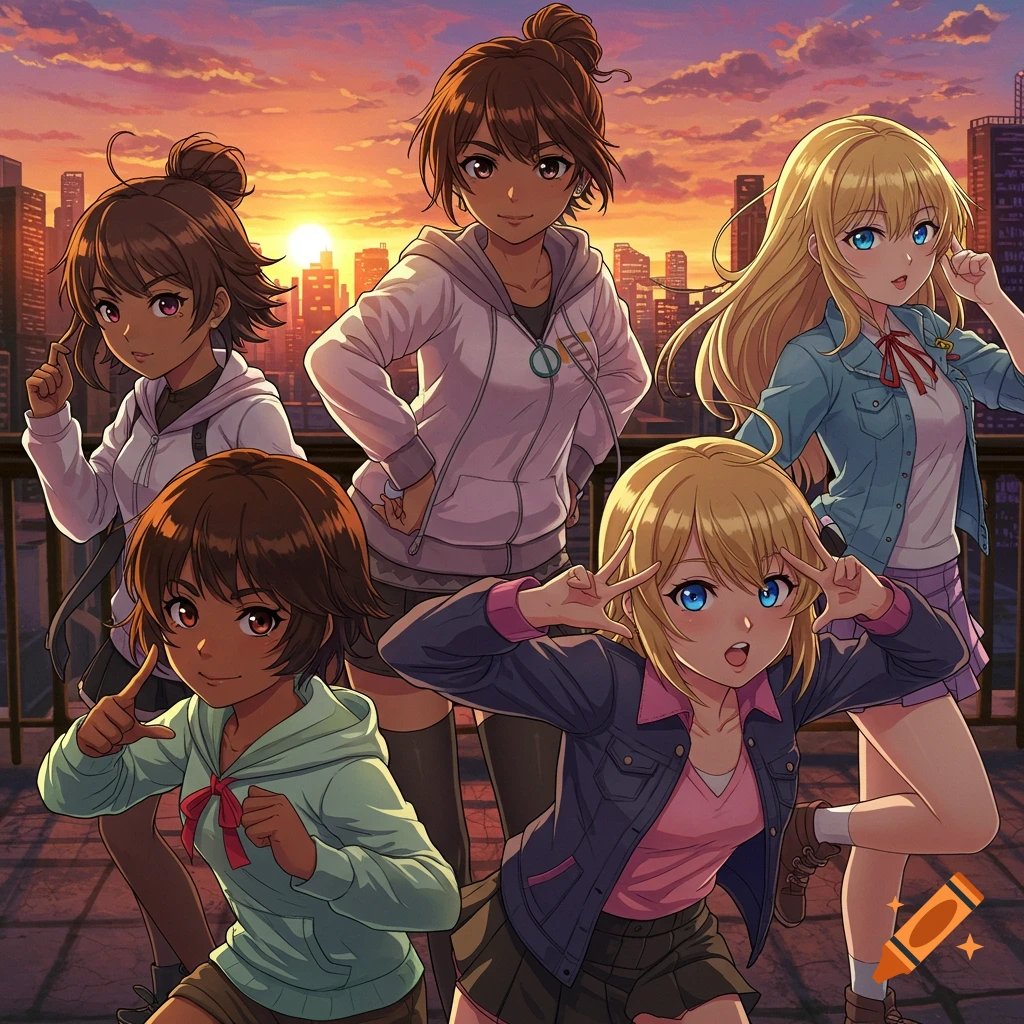 Five anime girls posing on a rooftop overlooking a city at sunset.