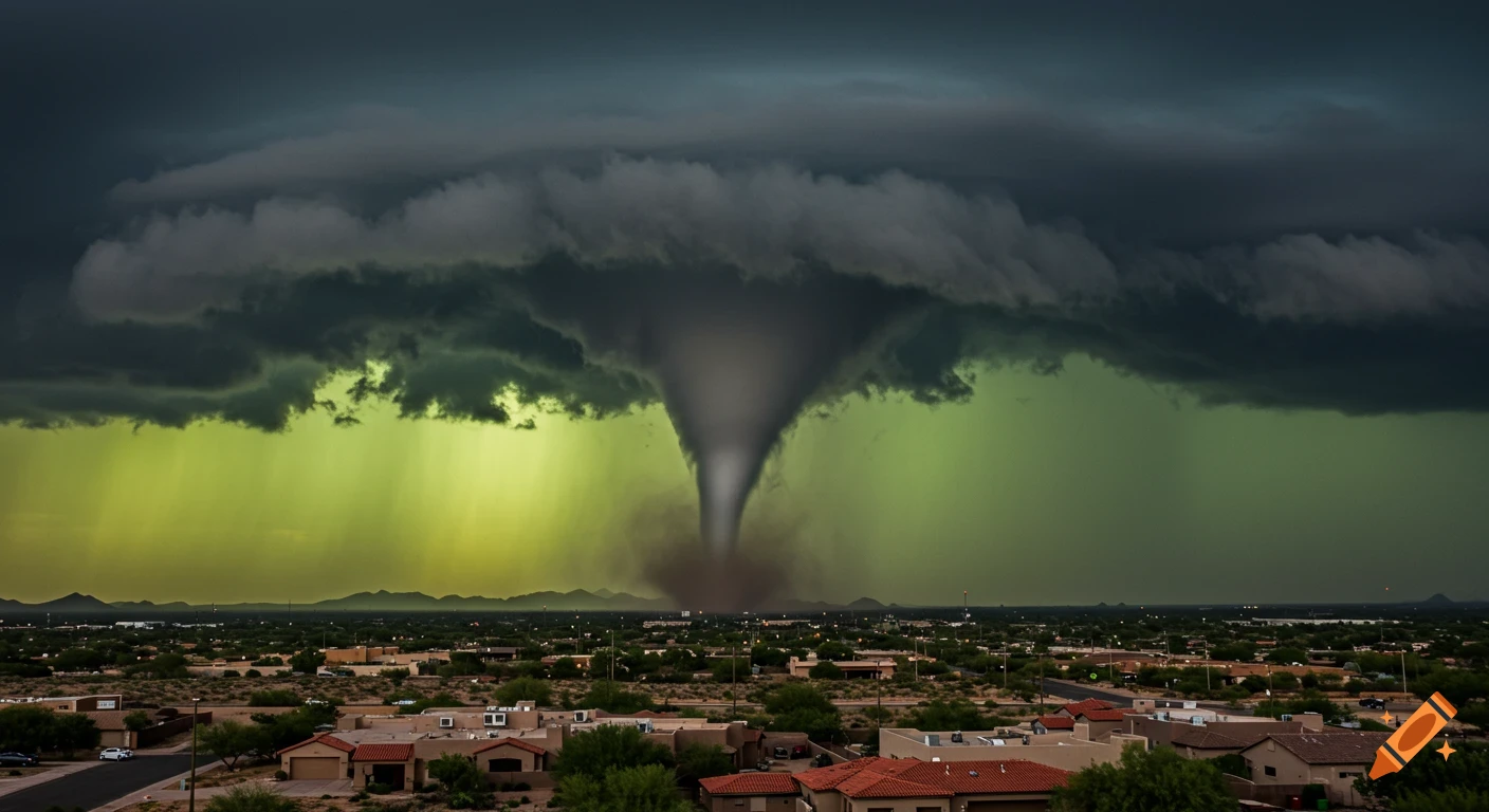 A large tornado descends from dark storm clouds towards a suburban area under a greenish sky.