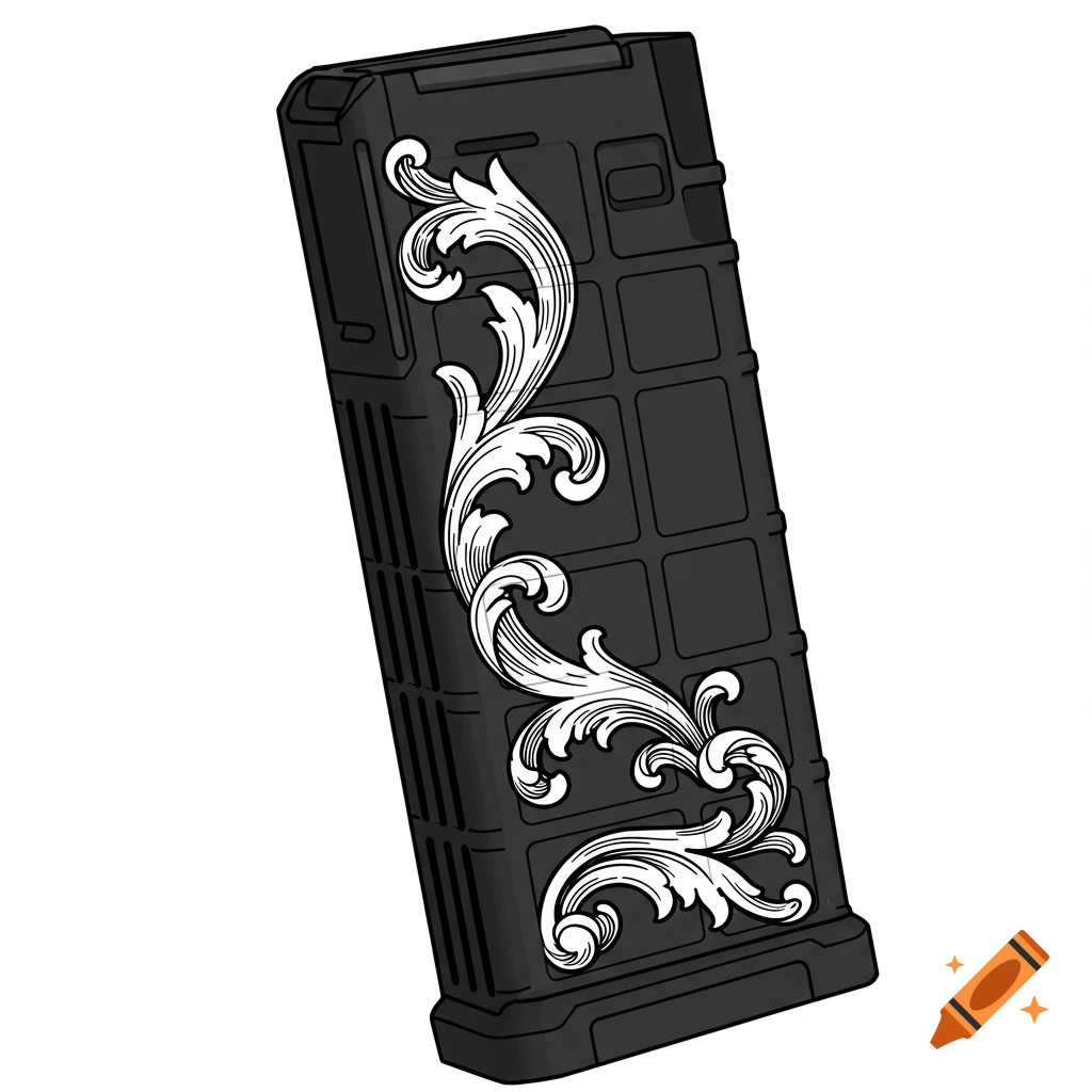 Black firearm magazine with white scrollwork, clipart style