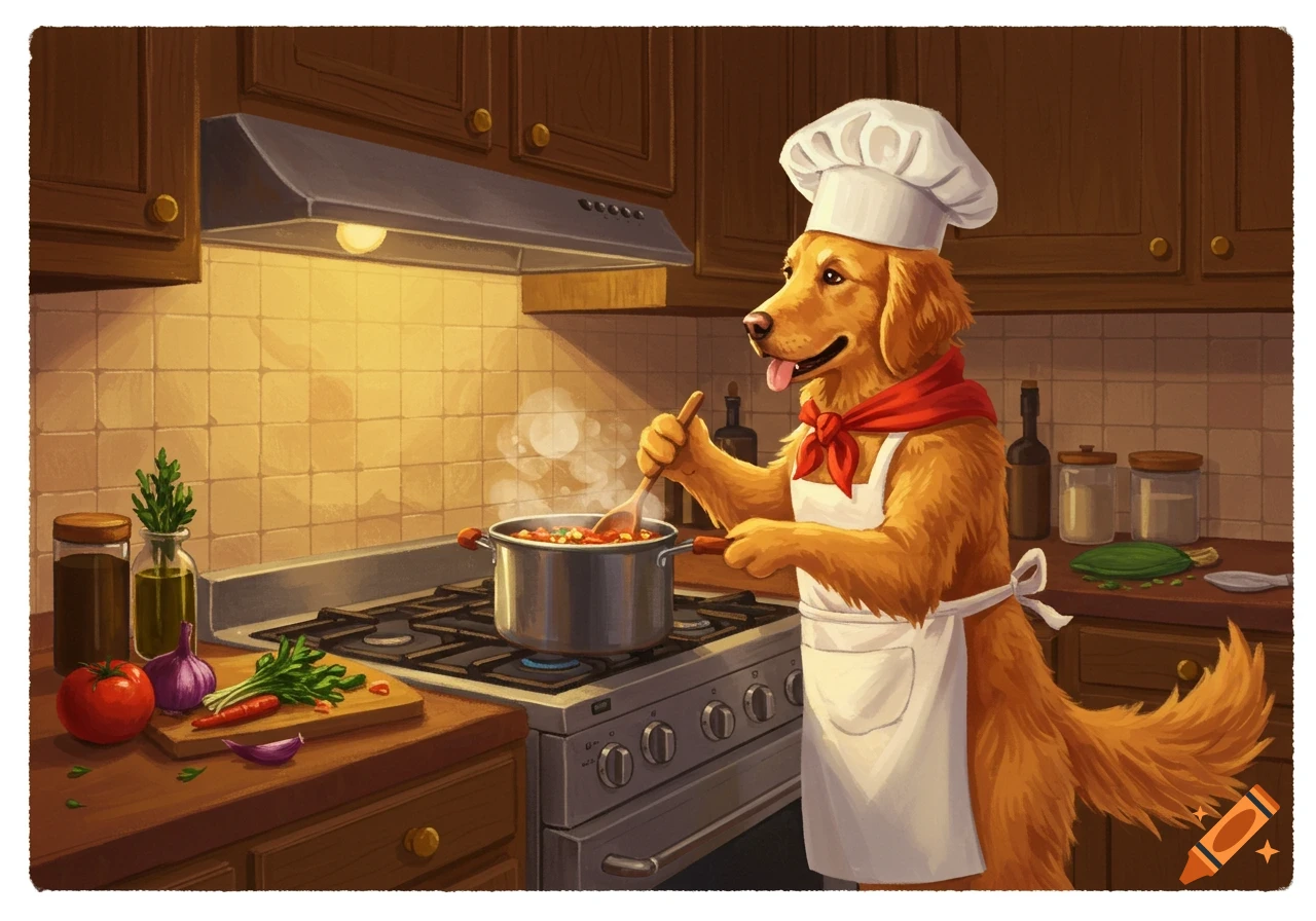 A painted golden retriever dog in a chef hat and apron cooks on a stove in a kitchen.