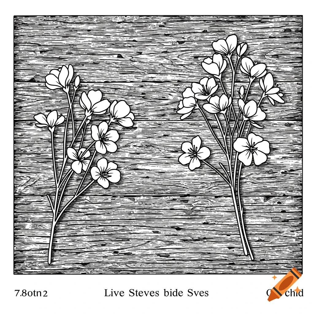 Black and white illustration of flowers on a wood background