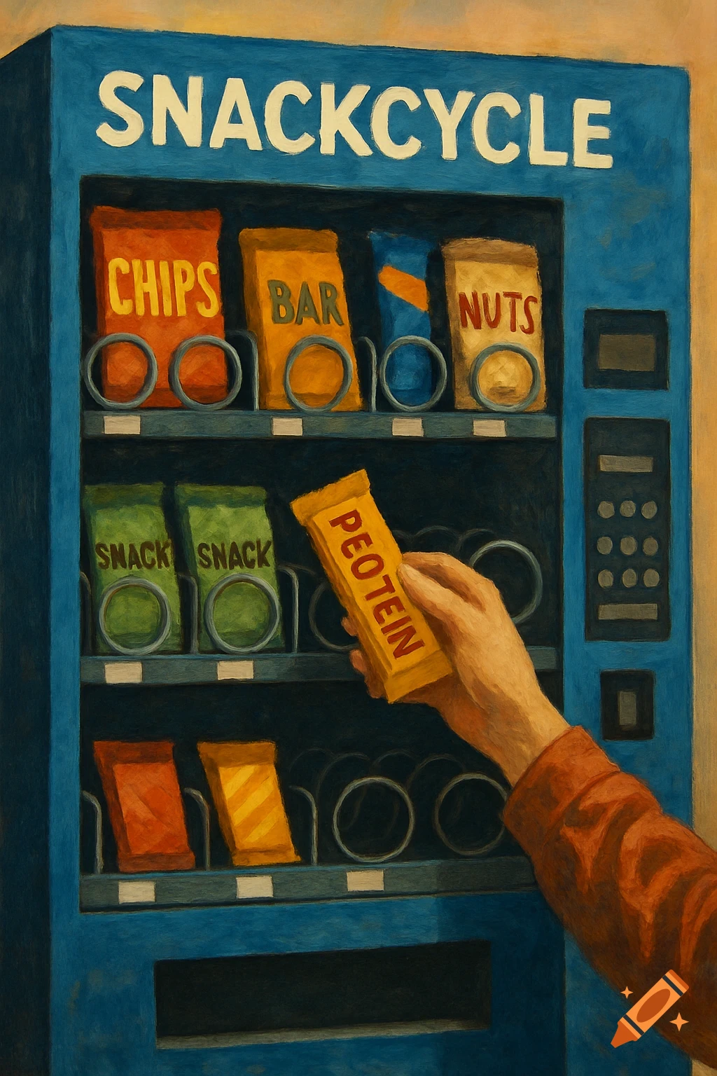 Painted illustration of a hand grabbing a yellow protein bar from a blue vending machine.