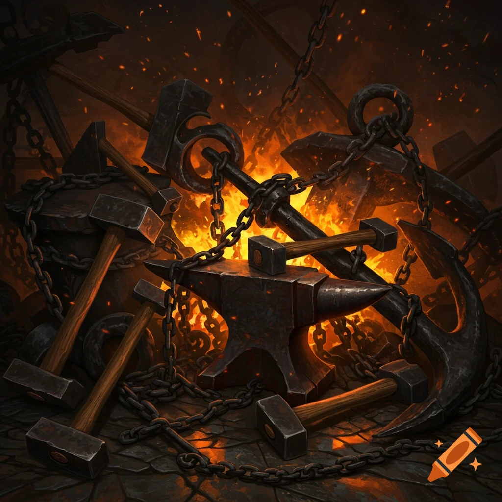 Anvil and anchor surrounded by blacksmith hammers, chains, and fire in a dark forge.
