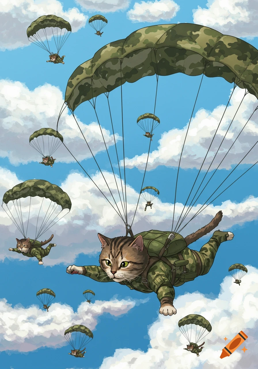 Cartoon commando cats parachute from the sky against a cloudy blue background.