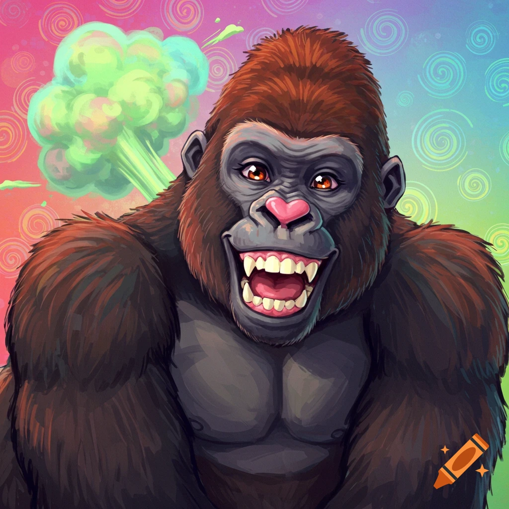 Cartoon gorilla farting with a pink heart-shaped nose on a colorful background.