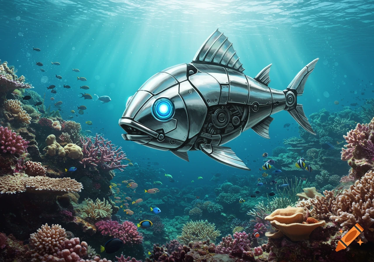 A metallic robot fish with a glowing blue eye swims in a vibrant coral reef with other fish.