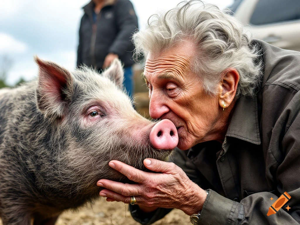 An elderly person leans down to kiss a pig on the snout.