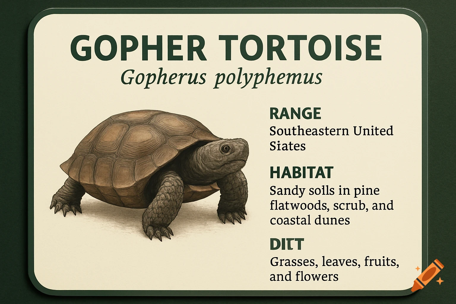 Illustration of a gopher tortoise on a zoo information sign with text.