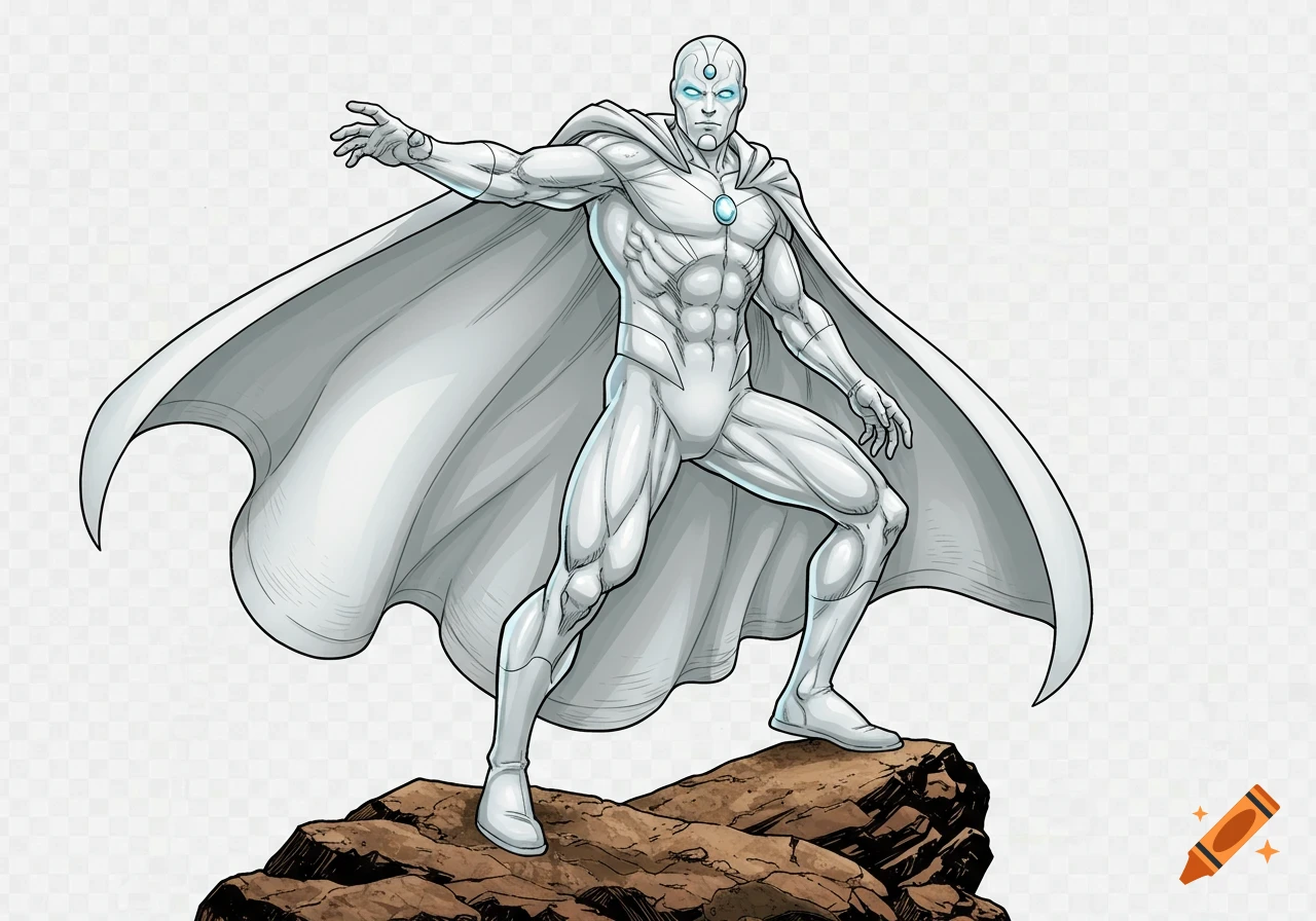 Graphic novel illustration of Marvel's White Vision standing on rocks with his cape billowing.