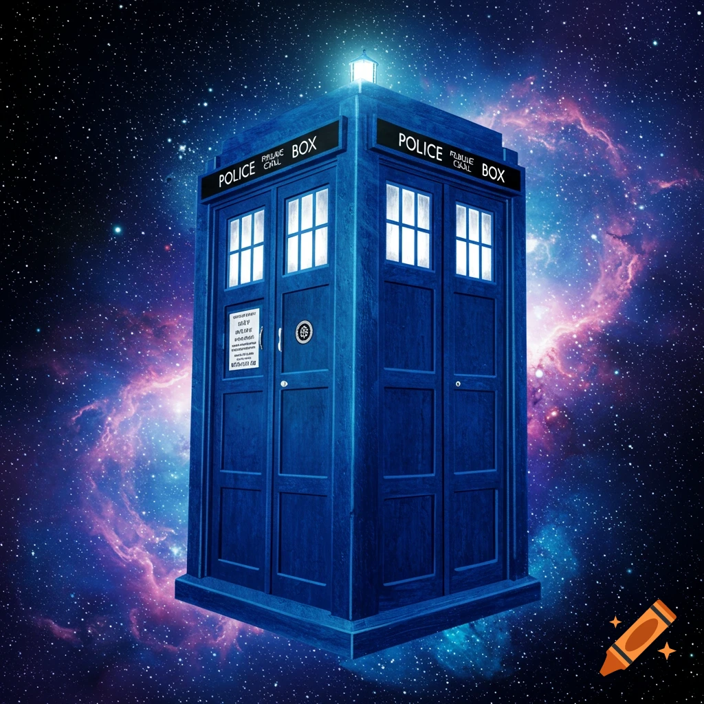 A blue police box (the TARDIS) floats in space among stars and a colorful nebula.