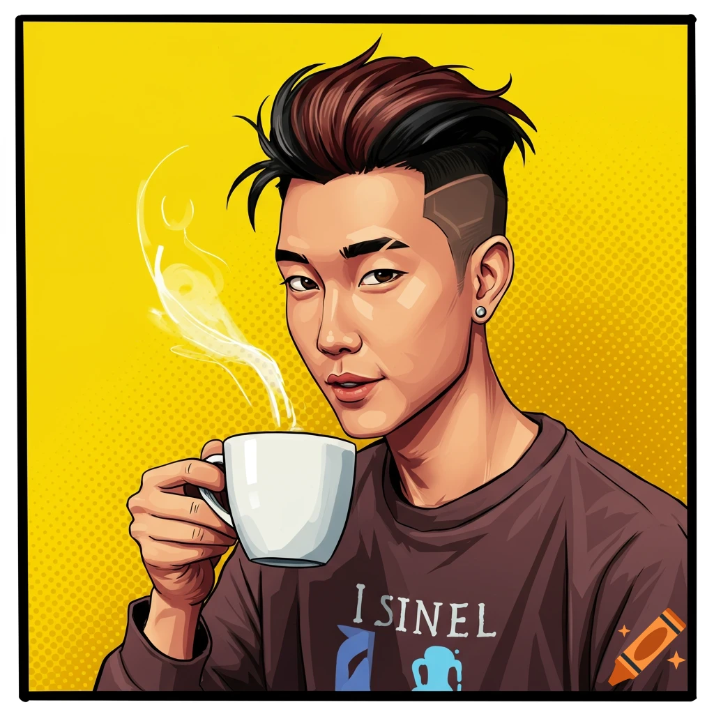 Illustration of a man holding a coffee cup against a yellow background.