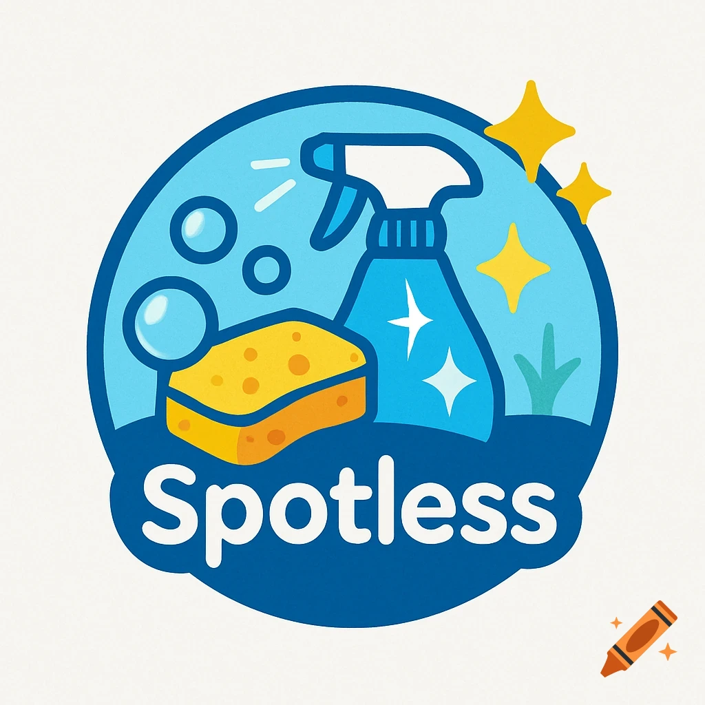 Logo for Spotless cleaning company with sponge, spray bottle, bubbles, and sparkles.