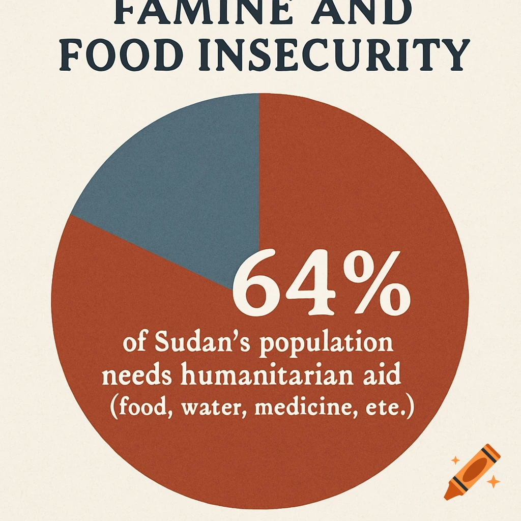 Pie chart showing 64% of Sudan's population needs humanitarian aid.