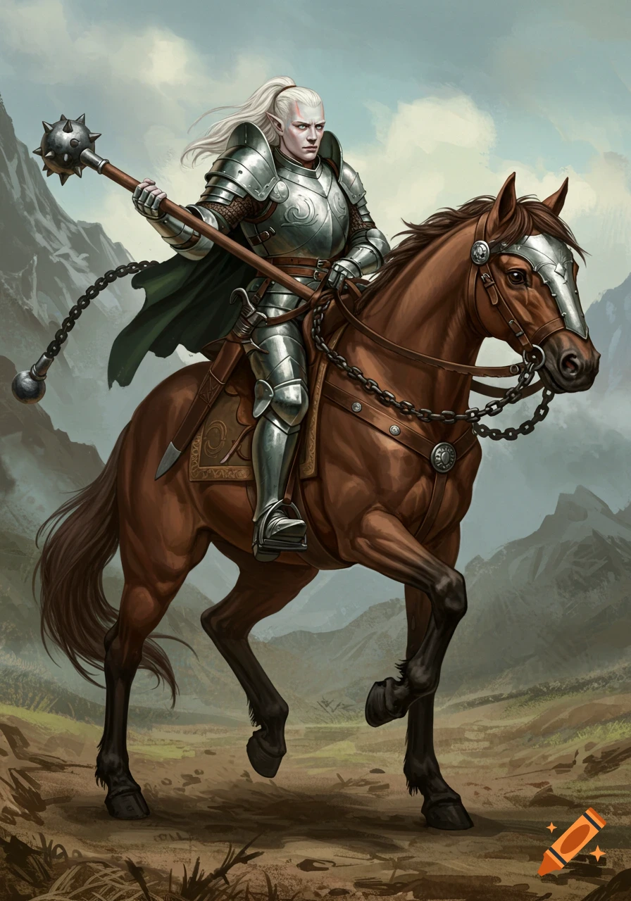 Fantasy knight with long white hair riding a horse in a mountain valley, holding a flail.