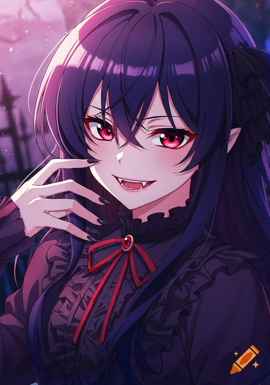 Anime vampire girl with red eyes and fangs