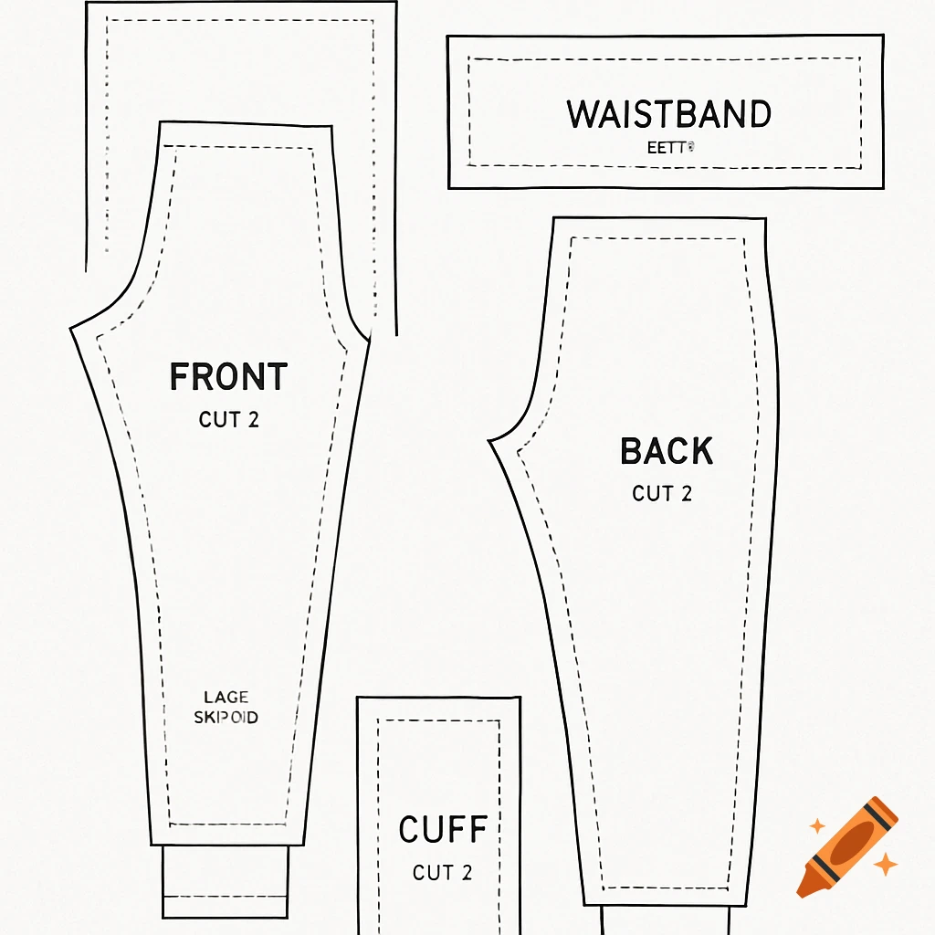 A drawing of sewing pattern pieces for jogger pants, including front, back, waistband, and cuff pieces.