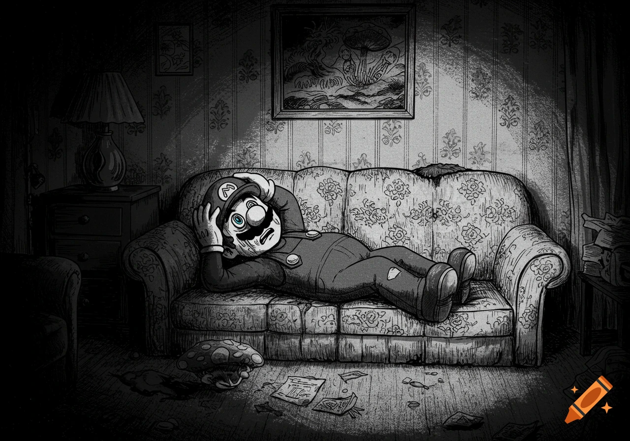 Mario looking distressed, lying on a couch in a dark room, in a black and white sketch style