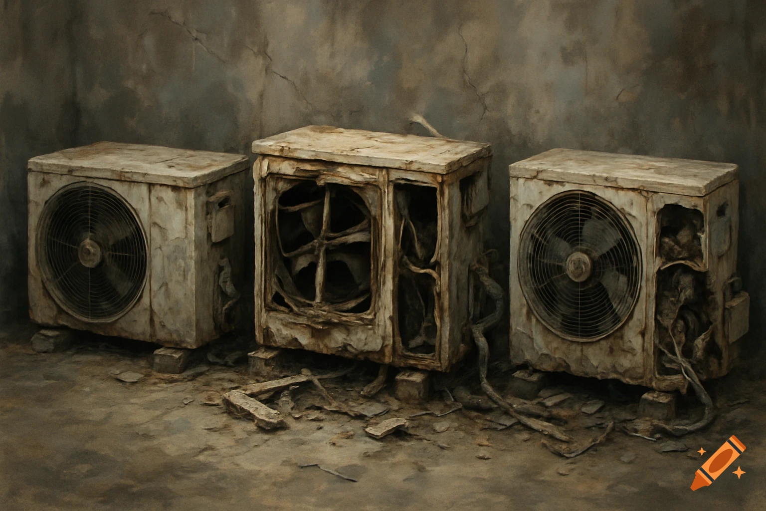 Three broken outdoor air conditioning units stand against a dirty wall.