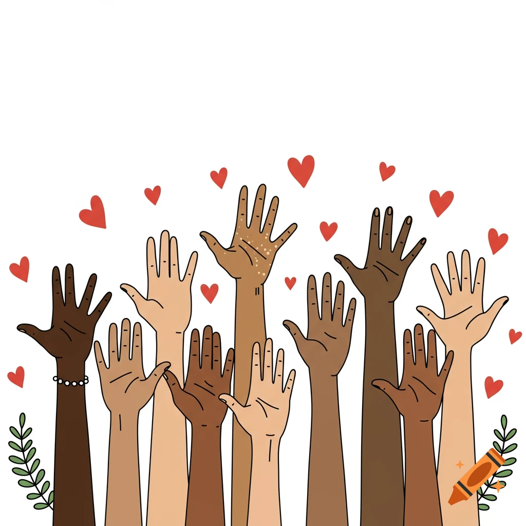 Illustration of diverse hands raised with hearts.
