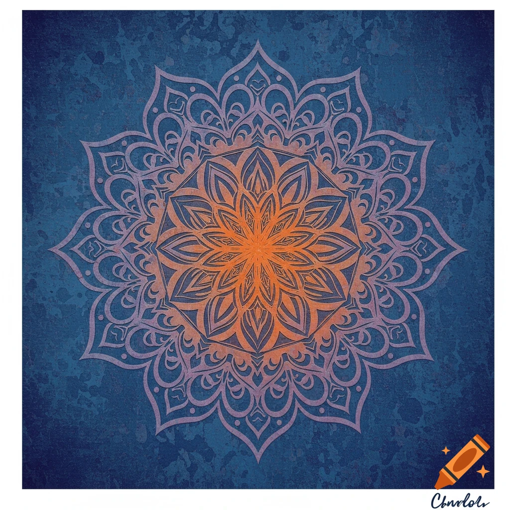 A detailed colorful mandala design on a textured blue background.