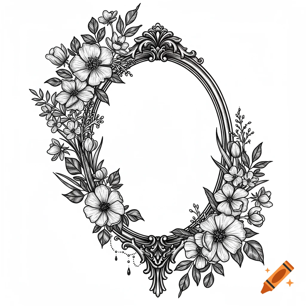 Black and white illustration of an oval vintage frame surrounded by flowers and leaves.