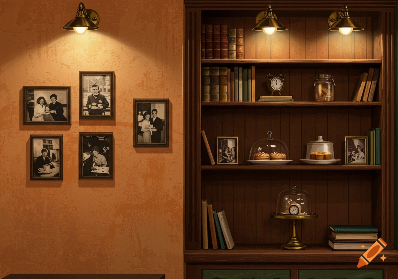A cozy cafe wall with framed photos and a detailed bookshelf.