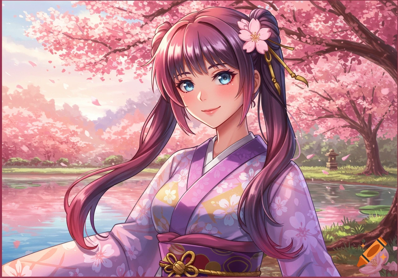 Anime girl in purple kimono stands among pink cherry blossoms by a lake