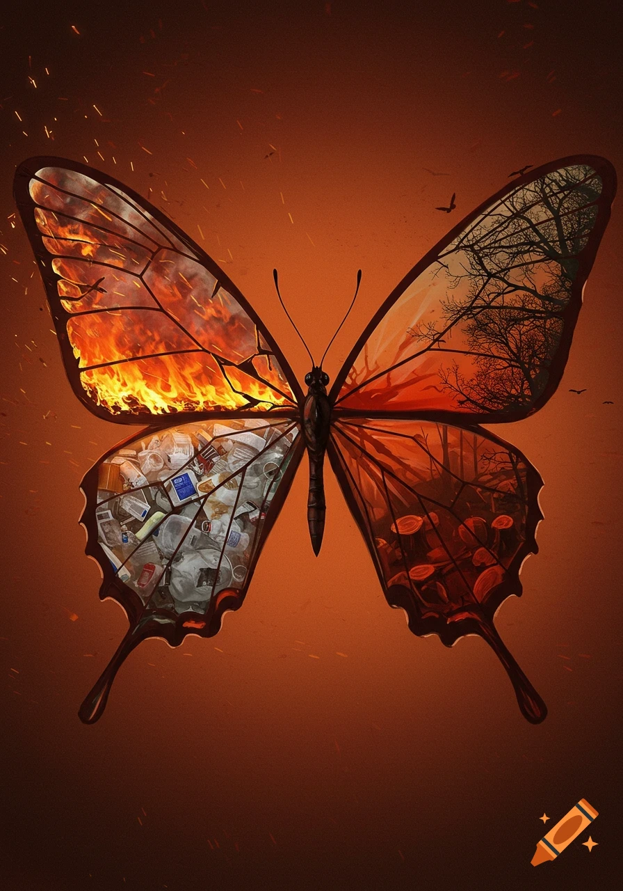 Symbolic butterfly with wings showing fire, plastic waste, trees, and blood on an orange background.