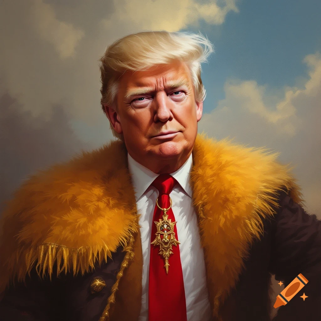 Portrait resembling Donald Trump wearing a fur-lined robe and large medal on a red tie, in an old painting style.