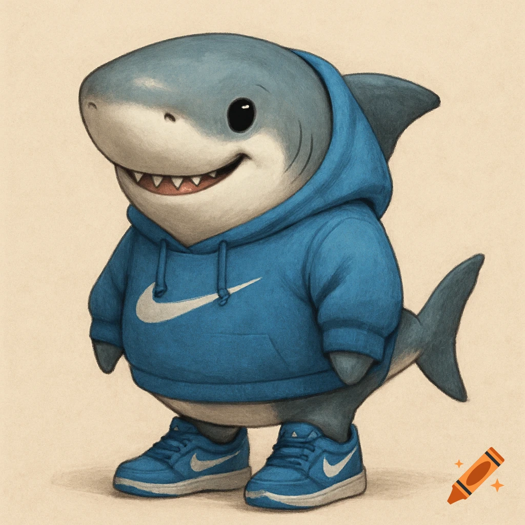 A cute cartoon shark wearing a blue Nike hoodie and shoes.