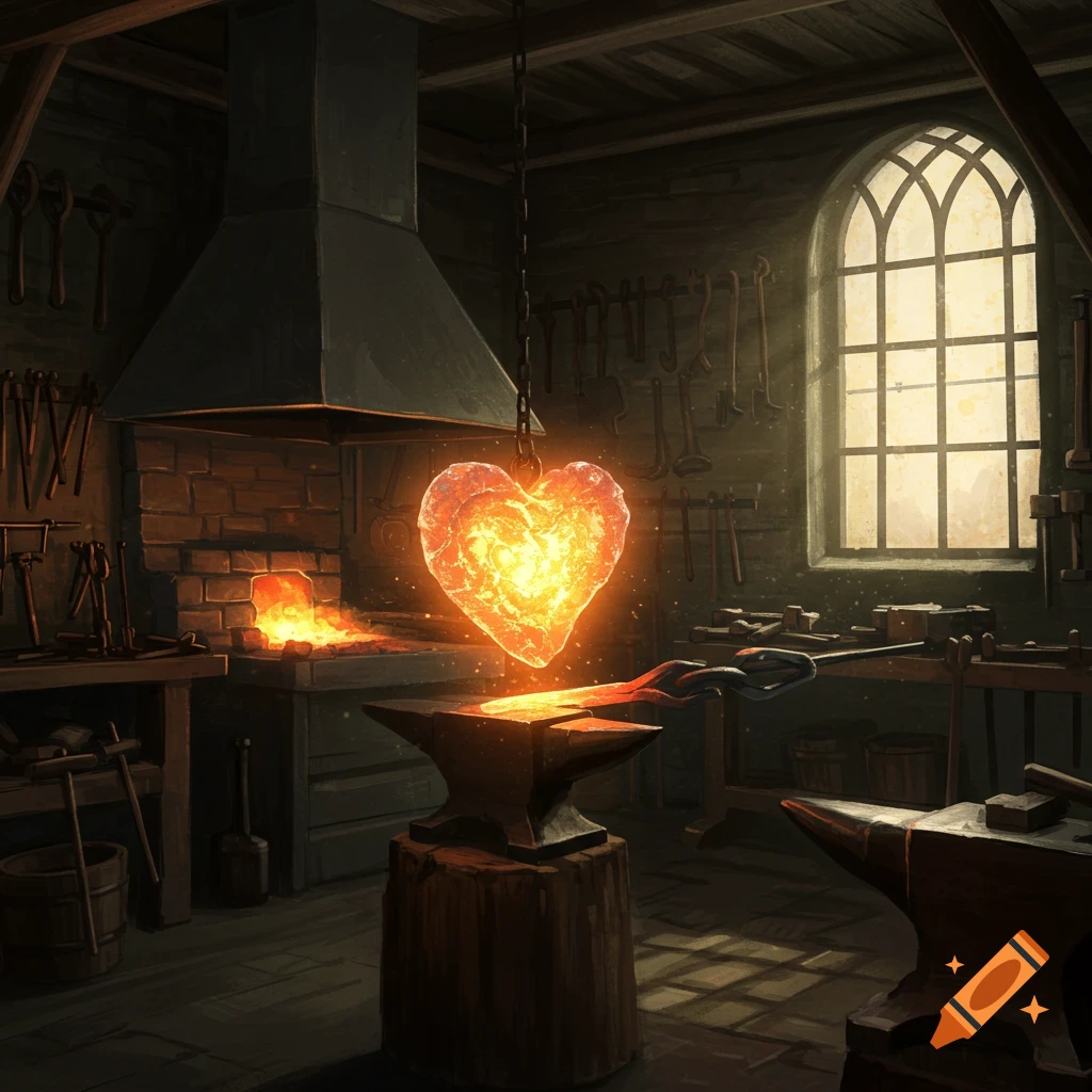 A glowing heart hangs above an anvil in a fantasy blacksmith shop.