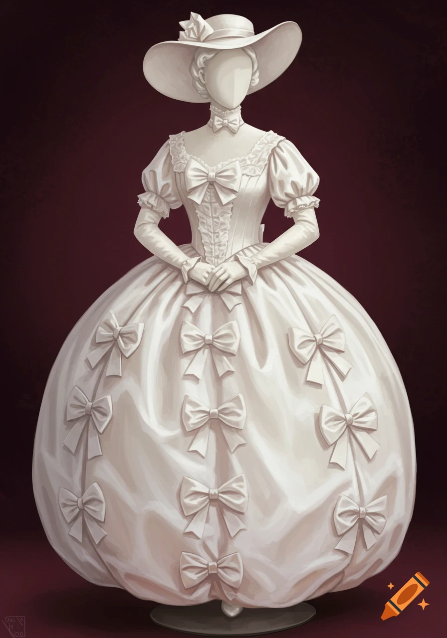 Illustration of a white Victorian dress with bows on a mannequin, against a deep red background.