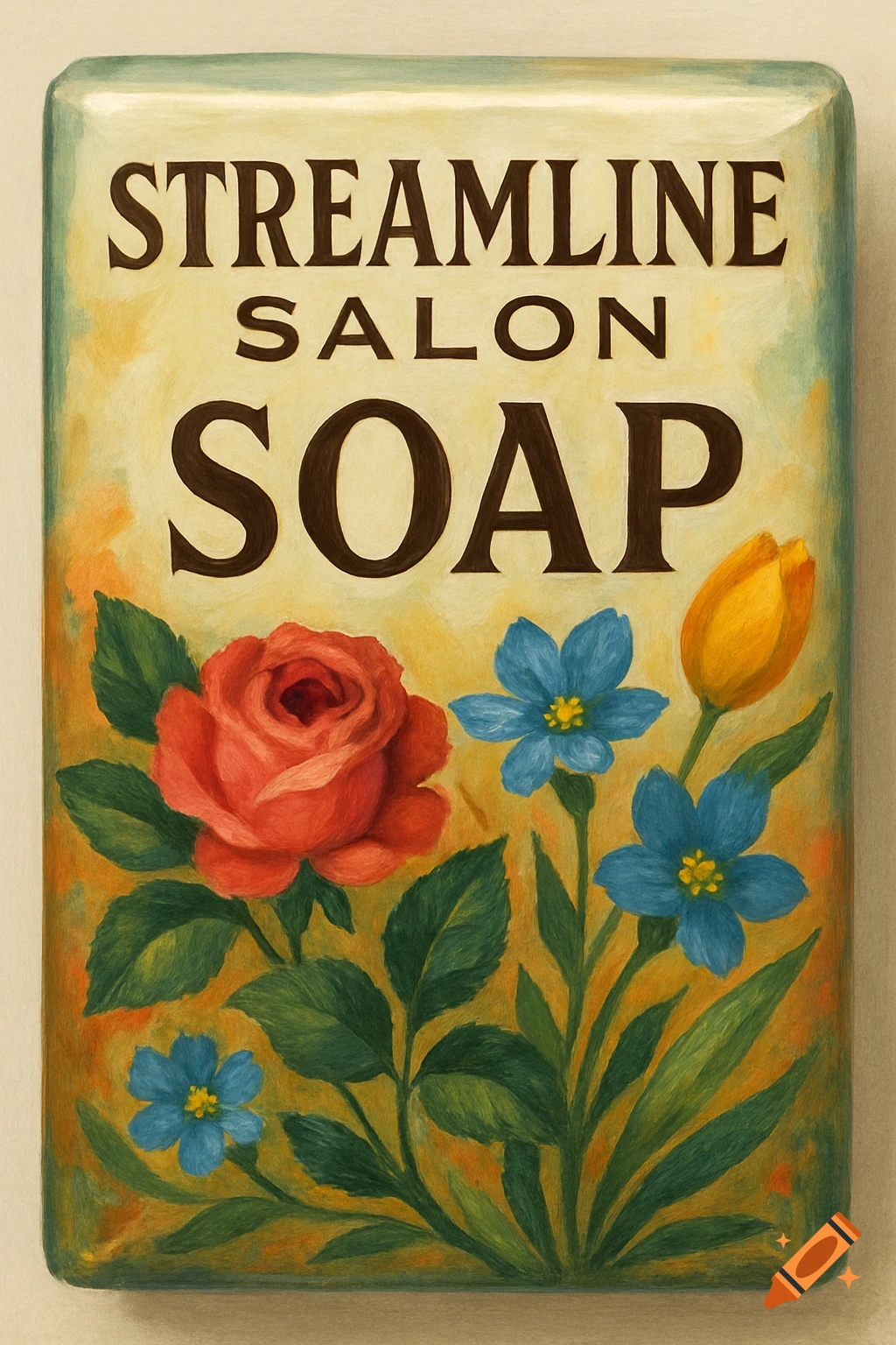 Soap packaging with 'STREAMLINE SALON SOAP' text and floral painting of a rose, blue flowers, and a tulip.