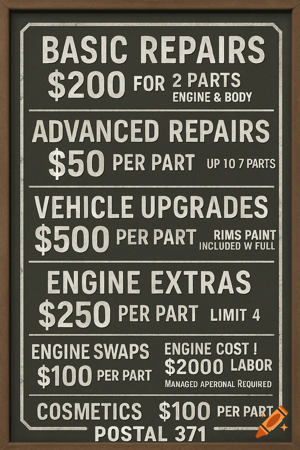 A framed sign displaying a price list for a mechanic shop, including services like basic and advanced repairs, vehicle upgrades, engine extras, engine swaps, and cosmetics.