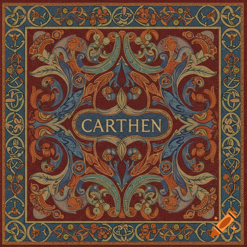 Traditional Welsh tapestry pattern in red, blue, and orange with the word CARTHEN in the center.
