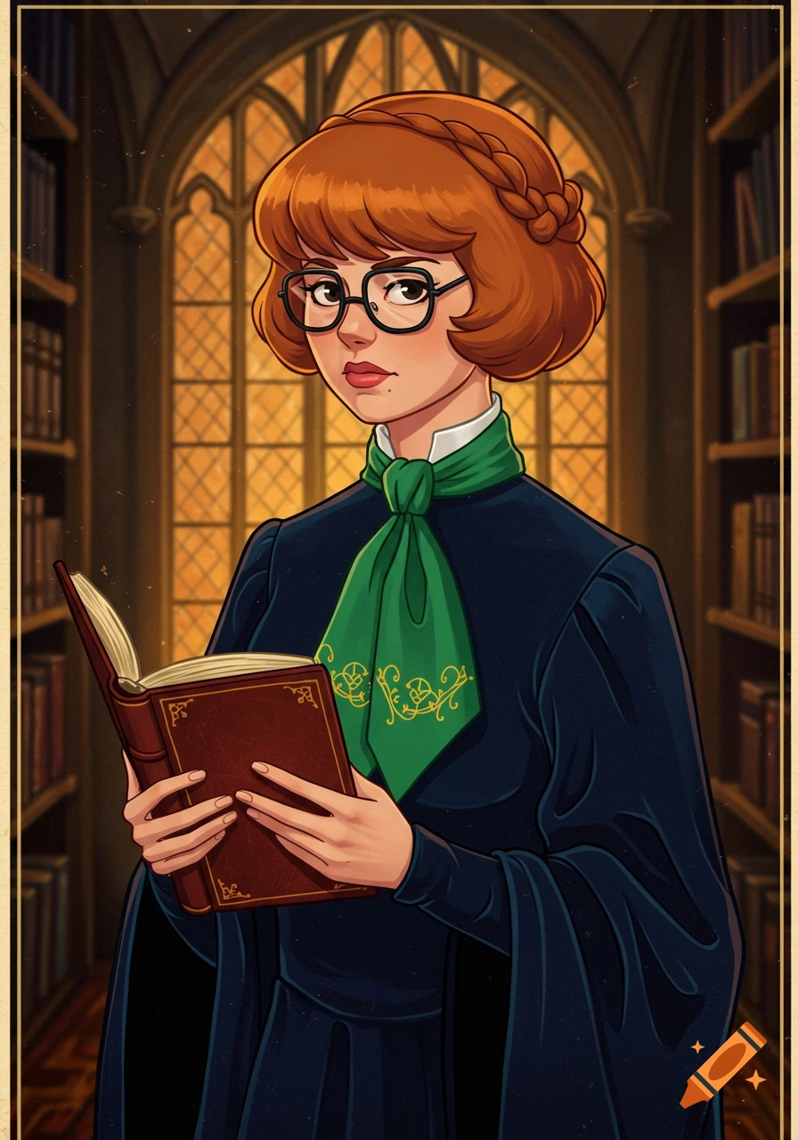 Illustration of a woman with glasses and an ascot reading a book in a library.