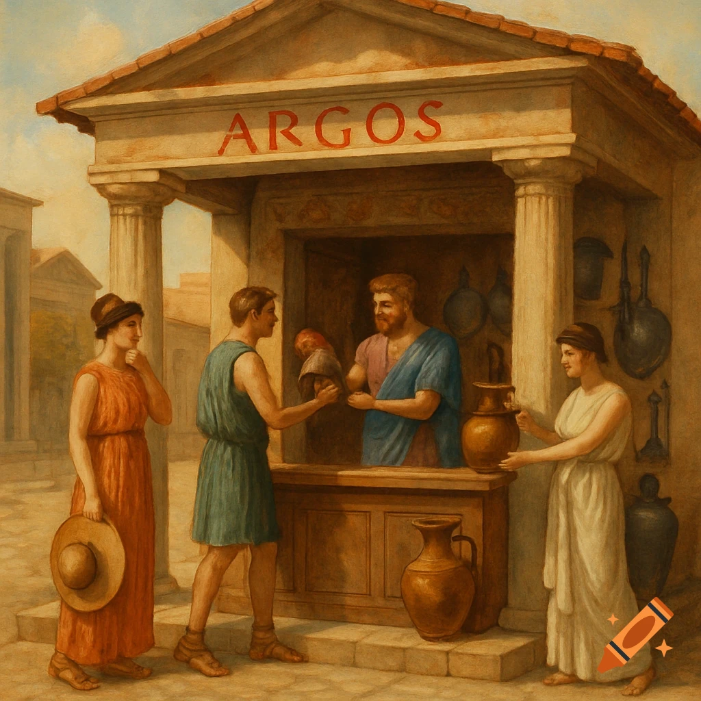 Painting of people at a shop called Argos in ancient Greece