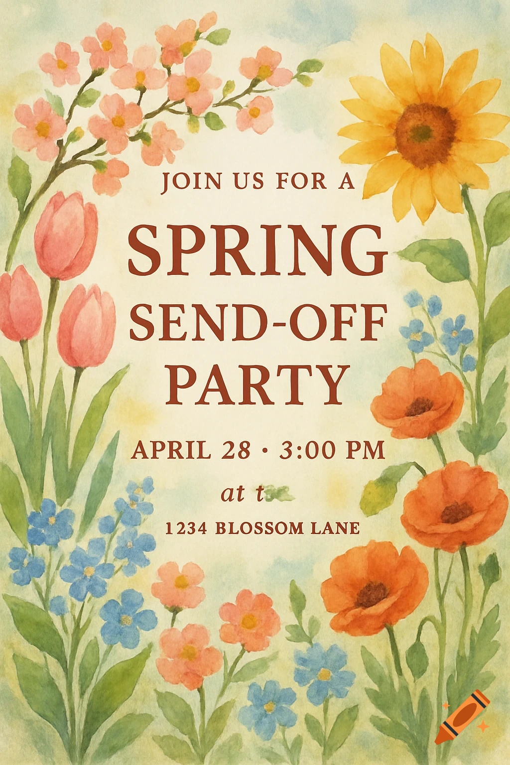 Watercolor spring party invitation with a border of flowers and text details.