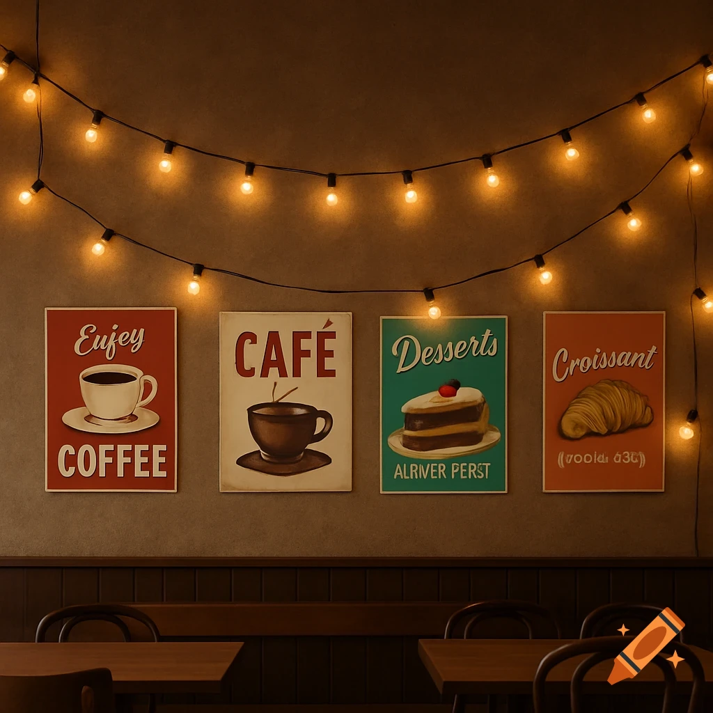 Cafe wall with string lights and four retro-style posters depicting coffee, cafe, dessert, and a croissant.