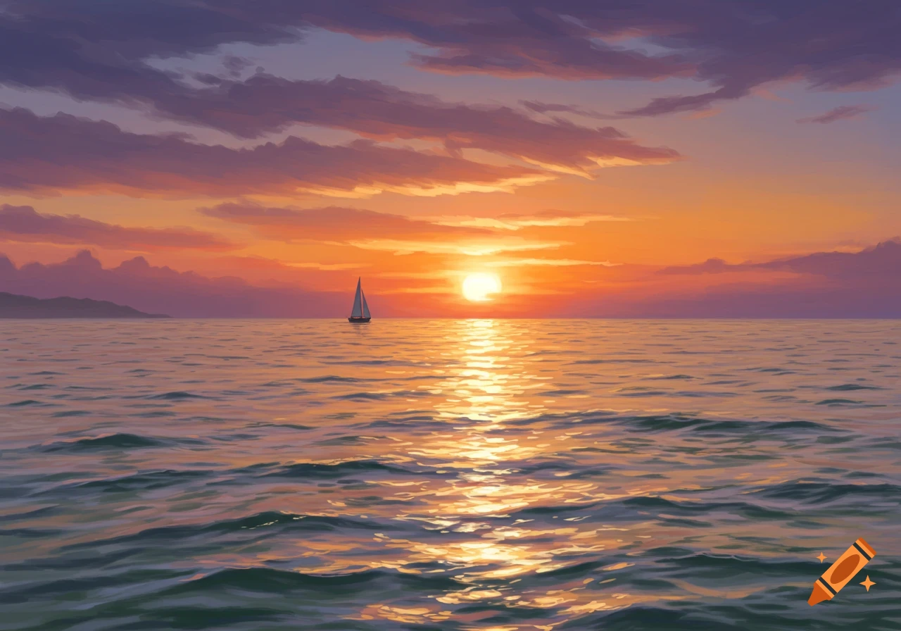 A sailboat on the ocean at sunset with dramatic clouds and reflections