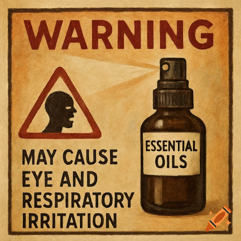 A painted warning sign about essential oils spray causing irritation, featuring a spray bottle and a symbol of a head coughing.