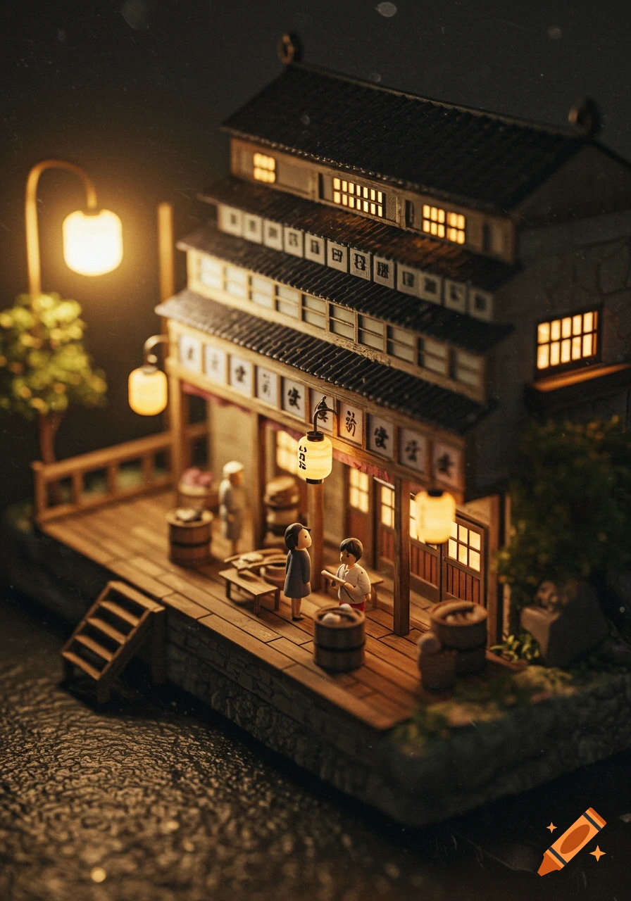 Miniature model of a lit Japanese building by water with tiny figures
