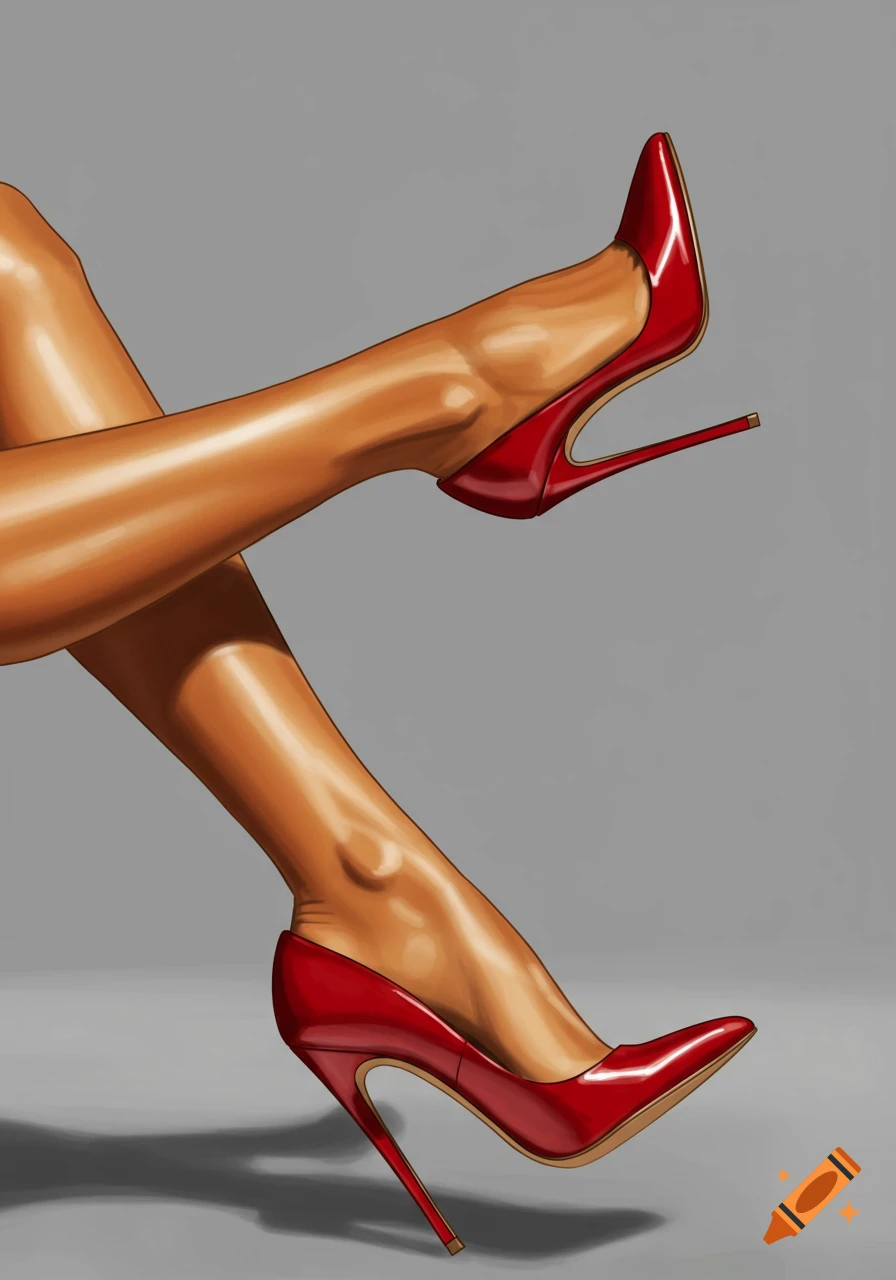 Close-up illustration of crossed legs wearing red high-heeled shoes.
