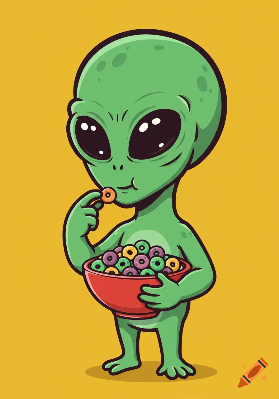 A green cartoon alien holds a red bowl of colorful ring cereal and eats one piece.