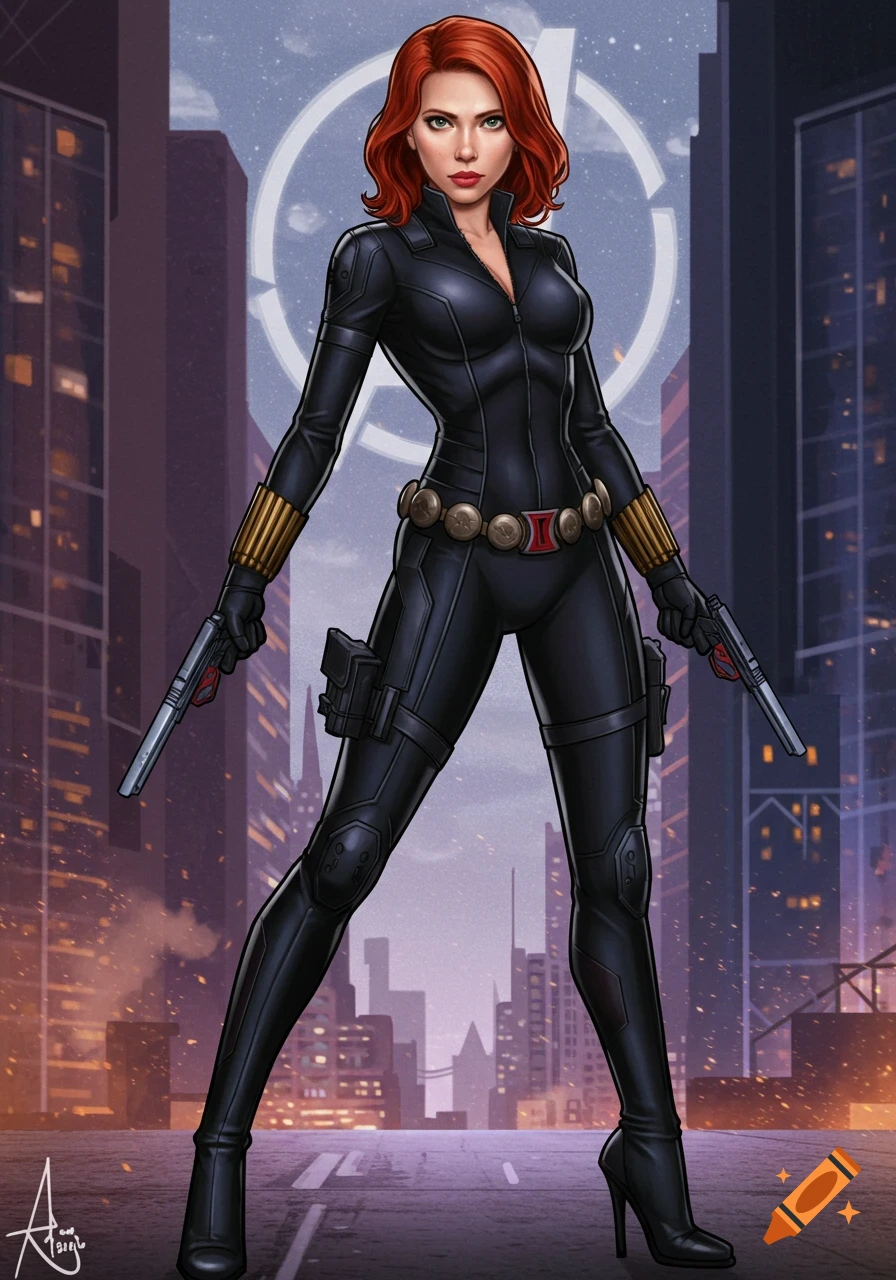 Comic art of a woman in a black superhero suit holding two guns, standing in a city.