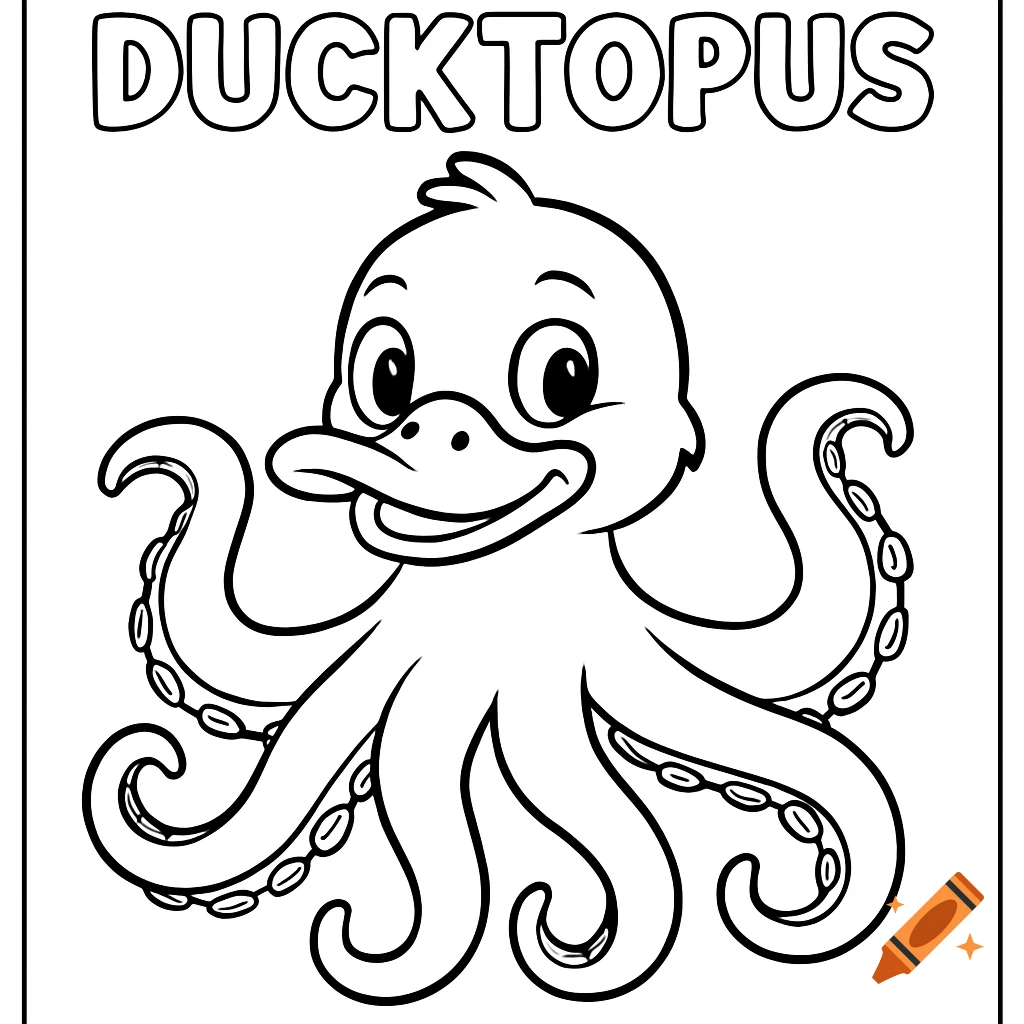 A cartoon duck-octopus line drawing for a coloring book with 'DUCKTOPUS' text above it.