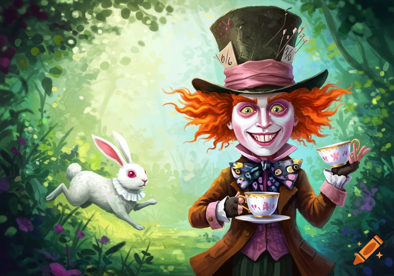 Stylized illustration of the Mad Hatter holding teacups in a forest, with a white rabbit running in the background.