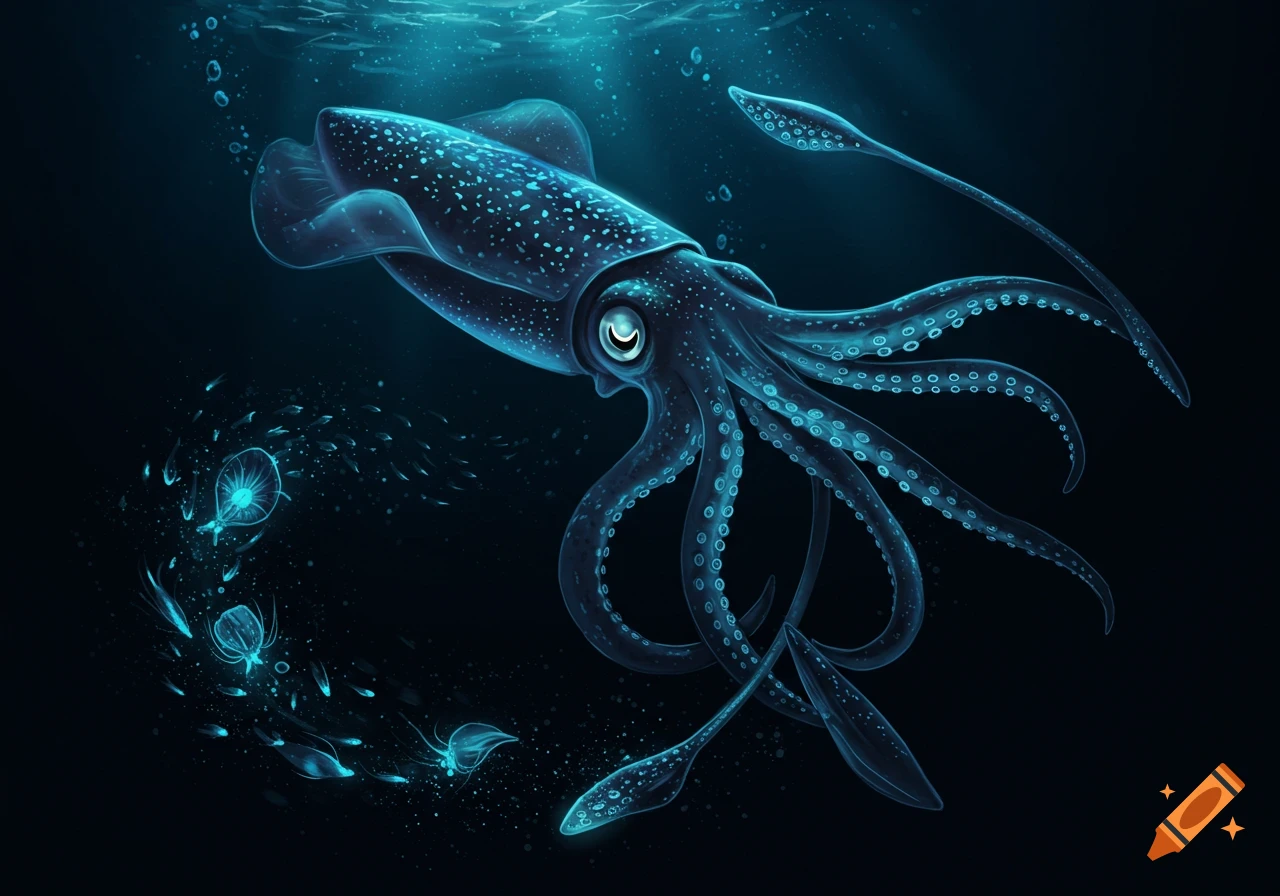 A stylized glowing blue squid with spotted body and tentacles swims among smaller bioluminescent creatures in deep dark water.