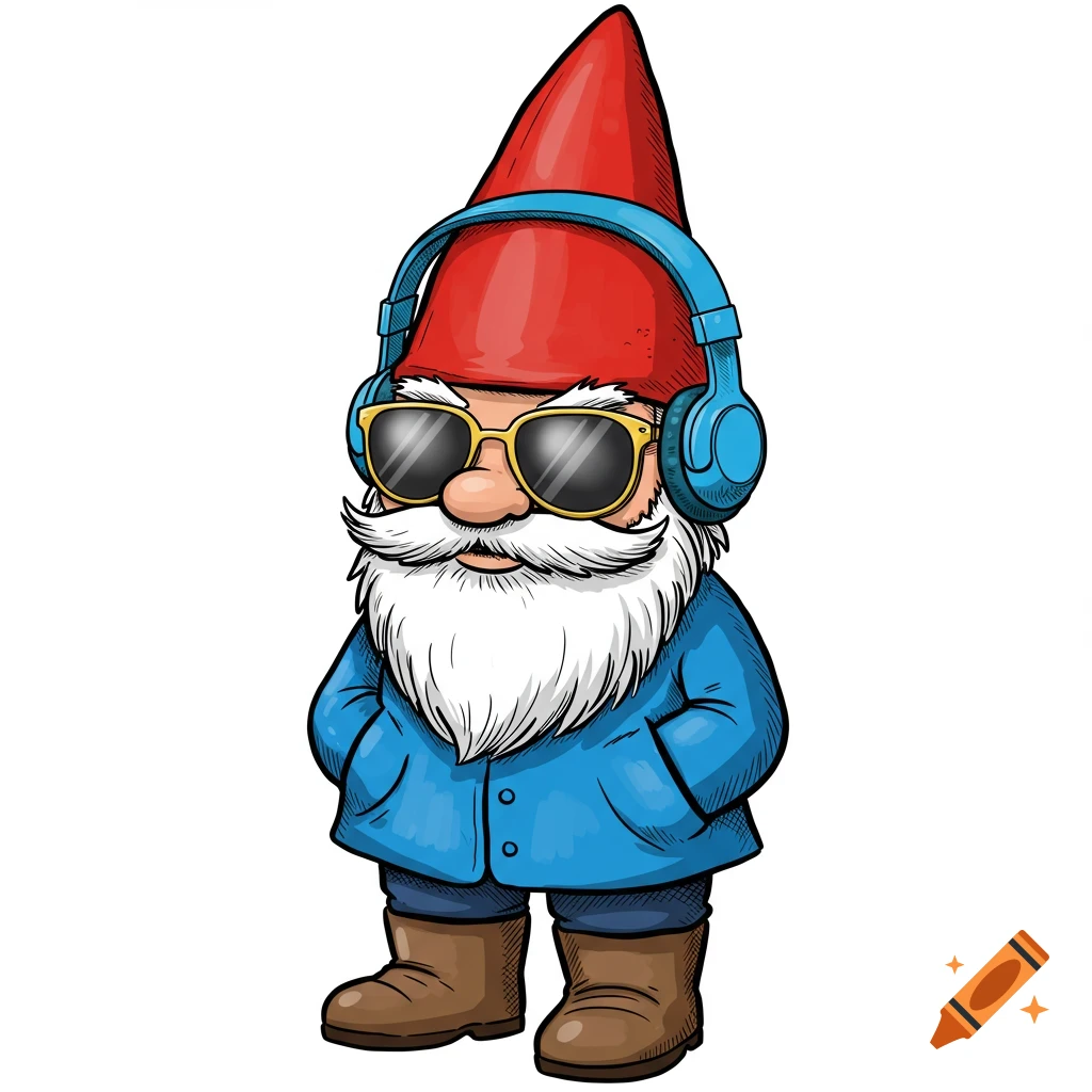 A drawing of a cool garden gnome wearing sunglasses and headphones.
